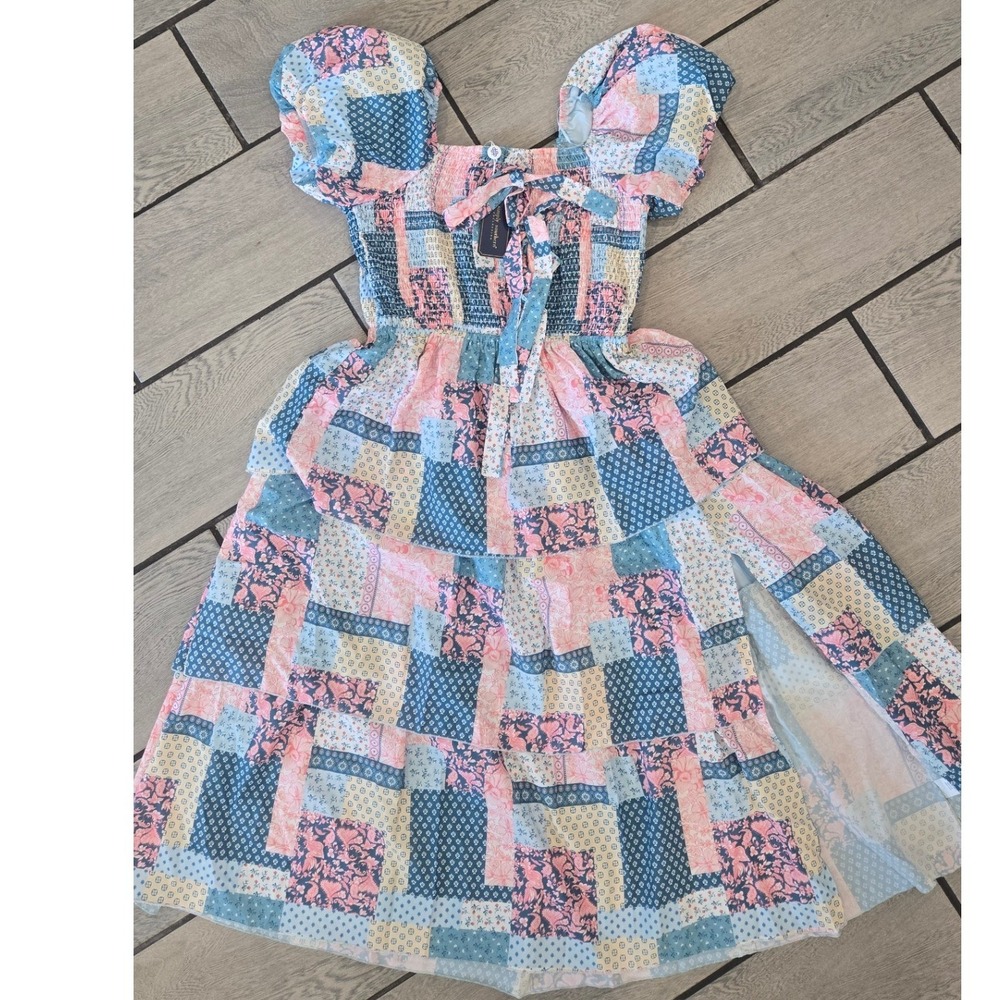 Simply Southern Lucy Patchwork Midi Dress Pink Blue Floral Smocked Puff Sleeve M